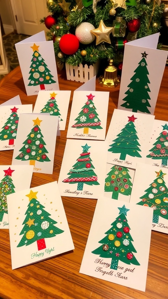Handcrafted Christmas cards with colorful tree designs and festive decorations on a wooden table.